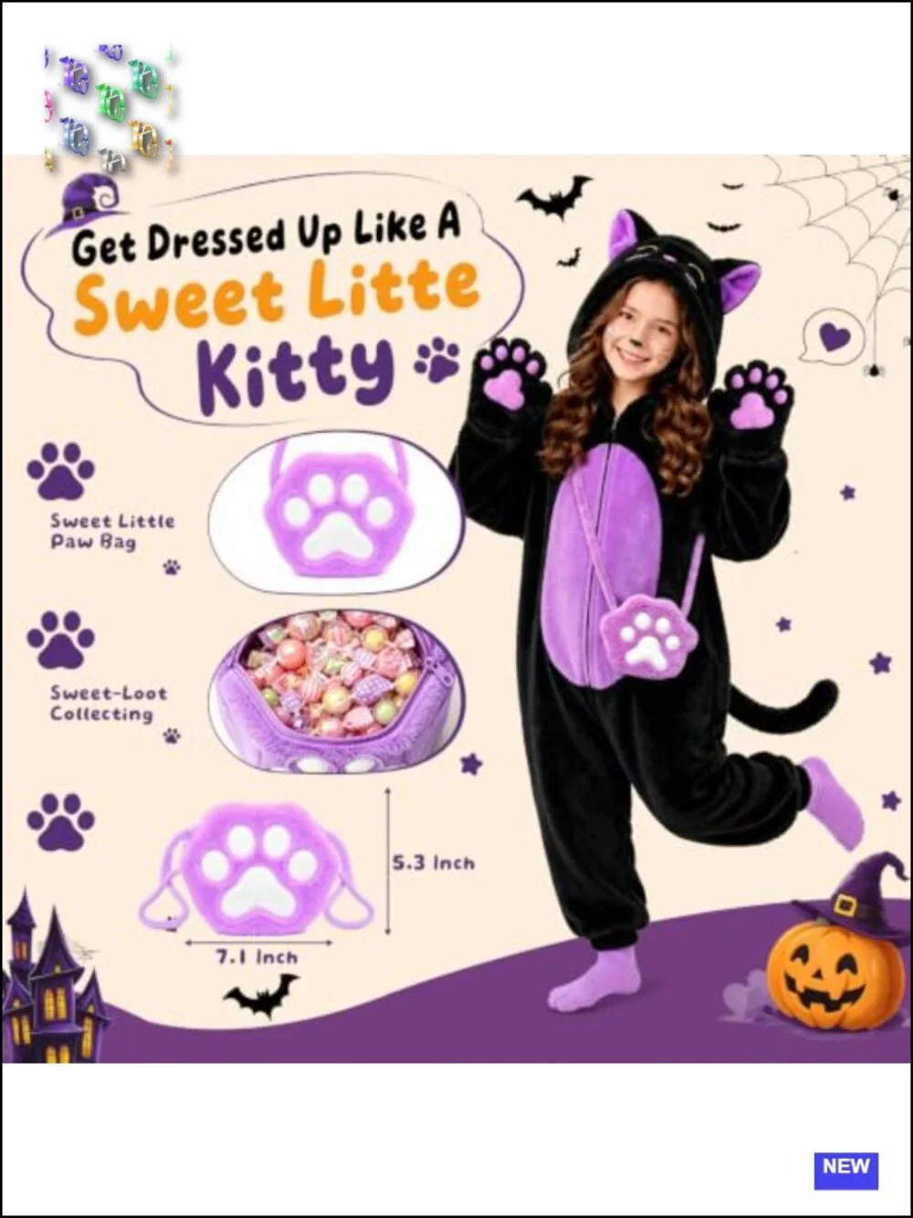 Girls Black Cat Halloween Costume Kids Cosplay Onesie with Candy Purse